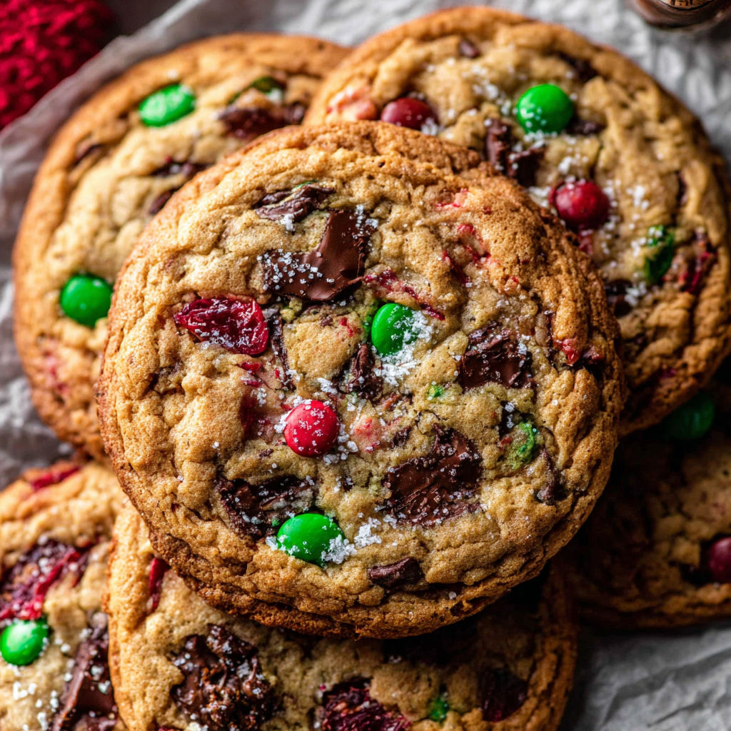 A close up of a chocolate chip cookie with green and red sprinkles.