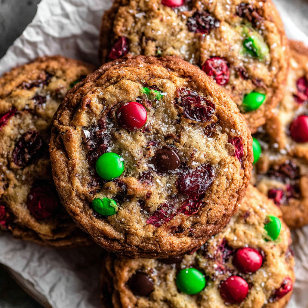 A plate of cookies with green and red candy on top.