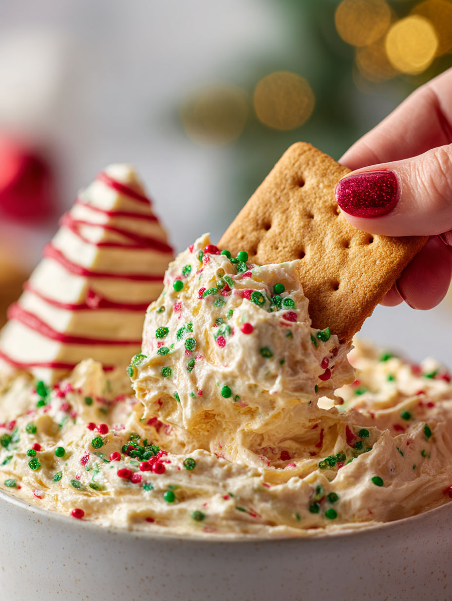 A person is dipping a cracker into a Christmas tree cake dip.
