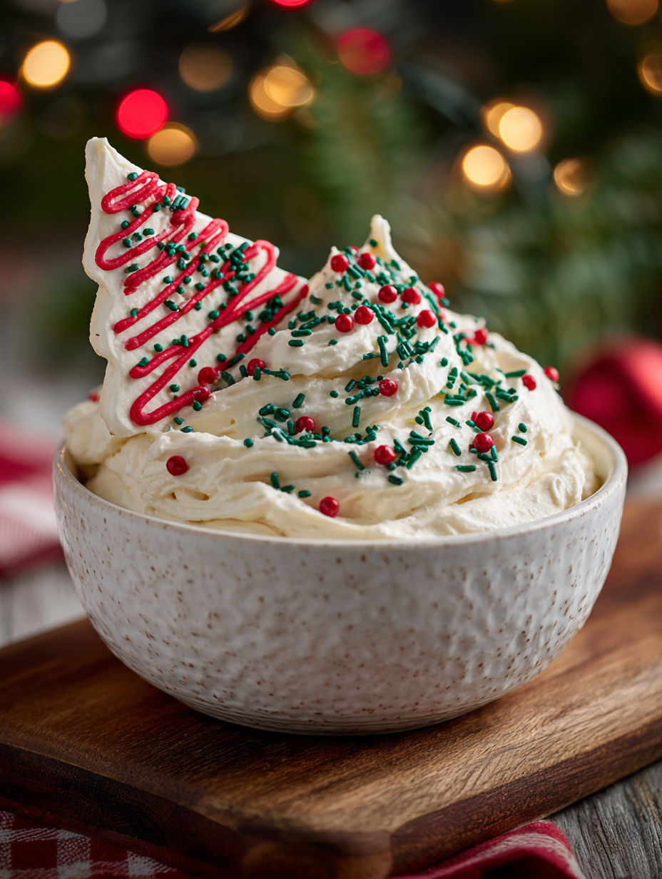 A bowl of whipped cream with a red and green sprinkle on top.