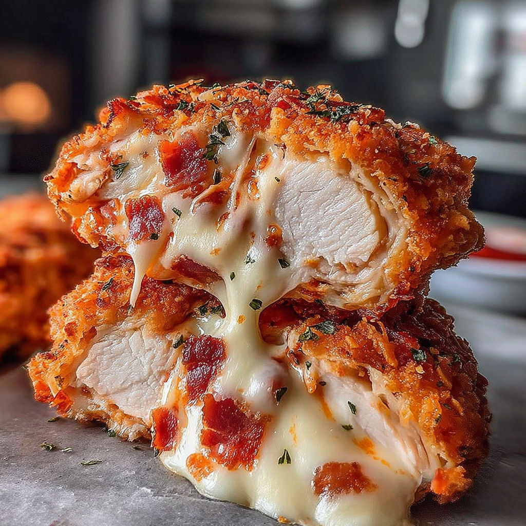 A close up of a piece of chicken with cheese and bacon.