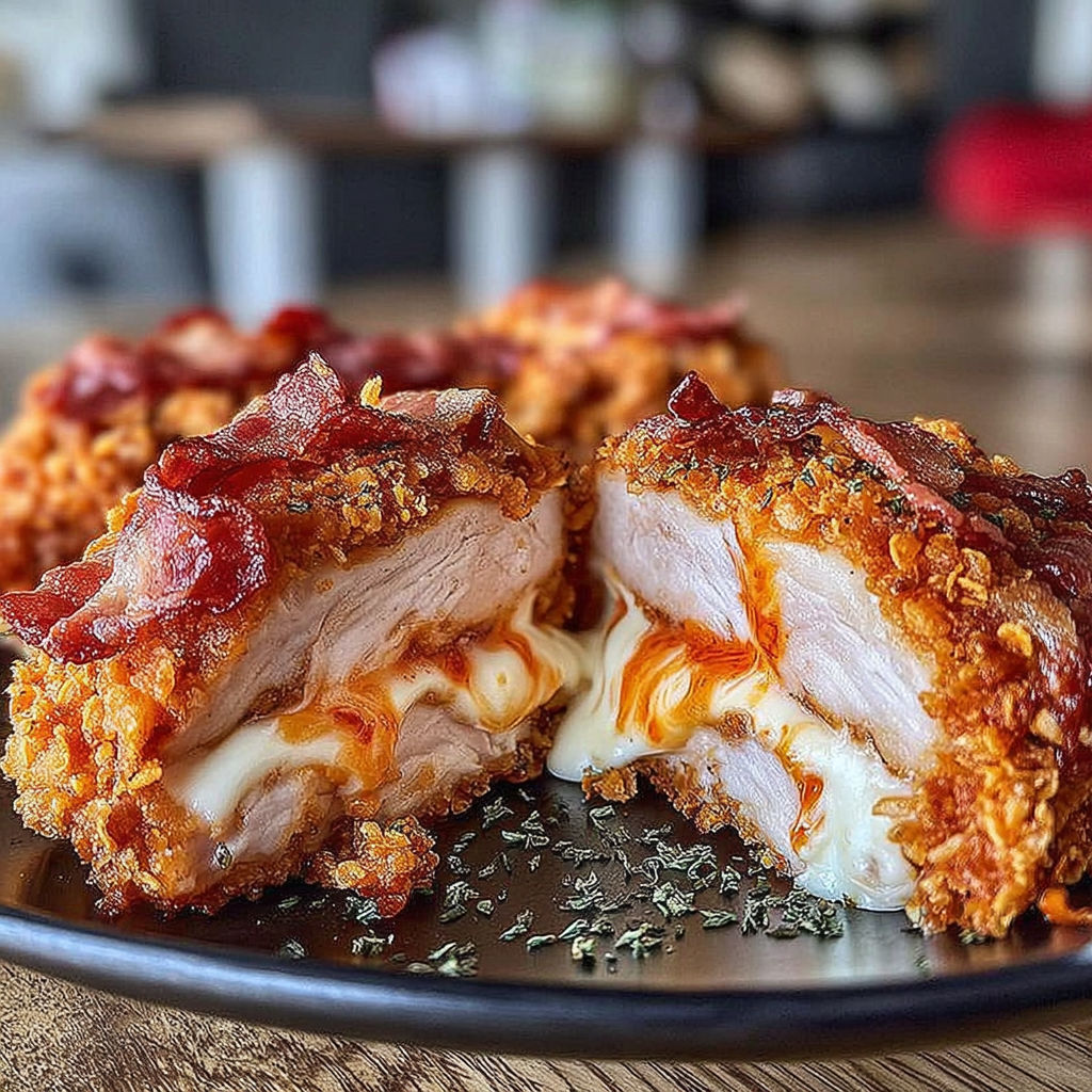 A plate of chicken with cheese and bacon on it.