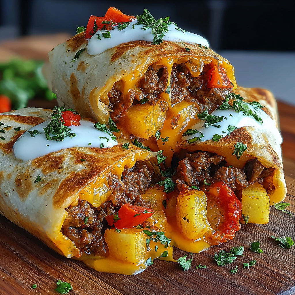 Two cheesy potato burritos on a wooden table.