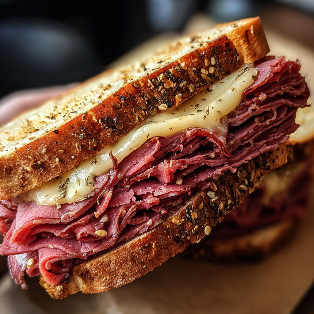 A sandwich with meat and cheese on top.