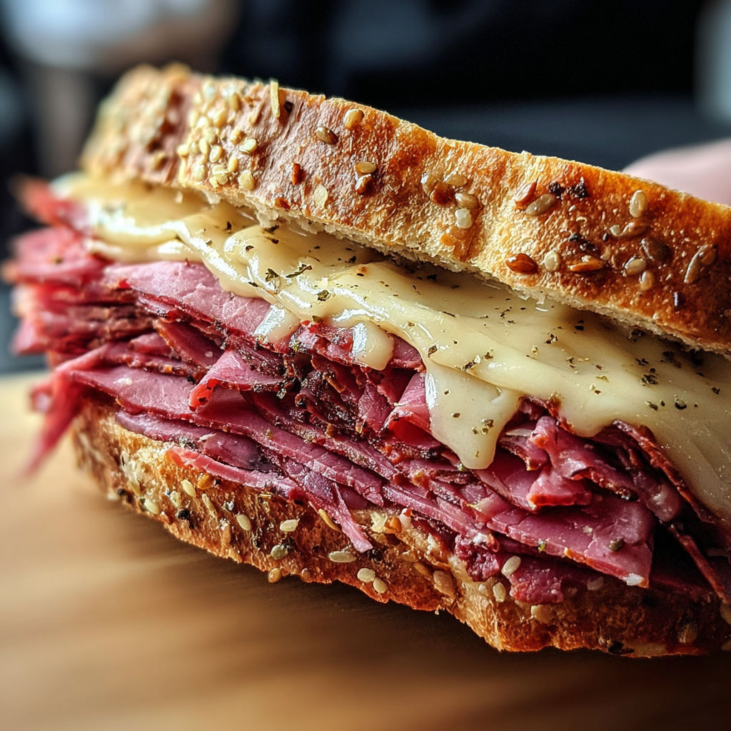 A sandwich with meat and cheese on a table.