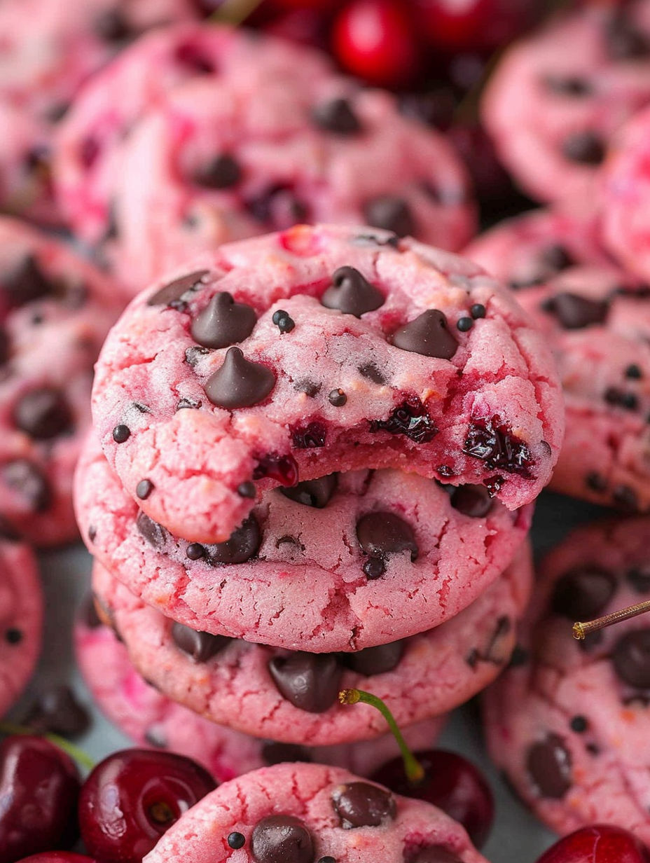 A close up of a pink cookie with chocolate chips.