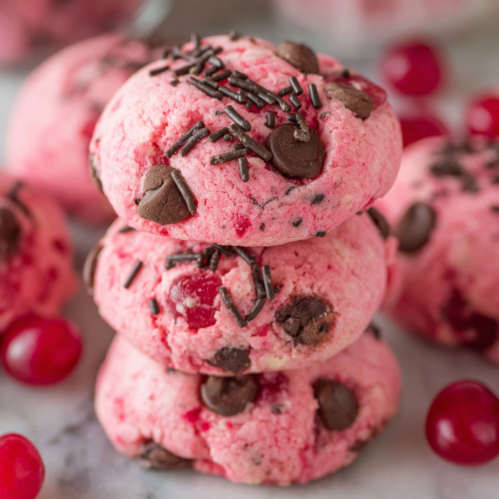 A stack of pink and brown cookies.
