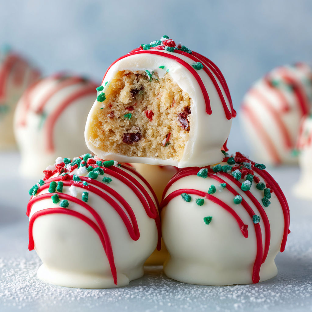 A close up of a cake with white frosting and red and green sprinkles.