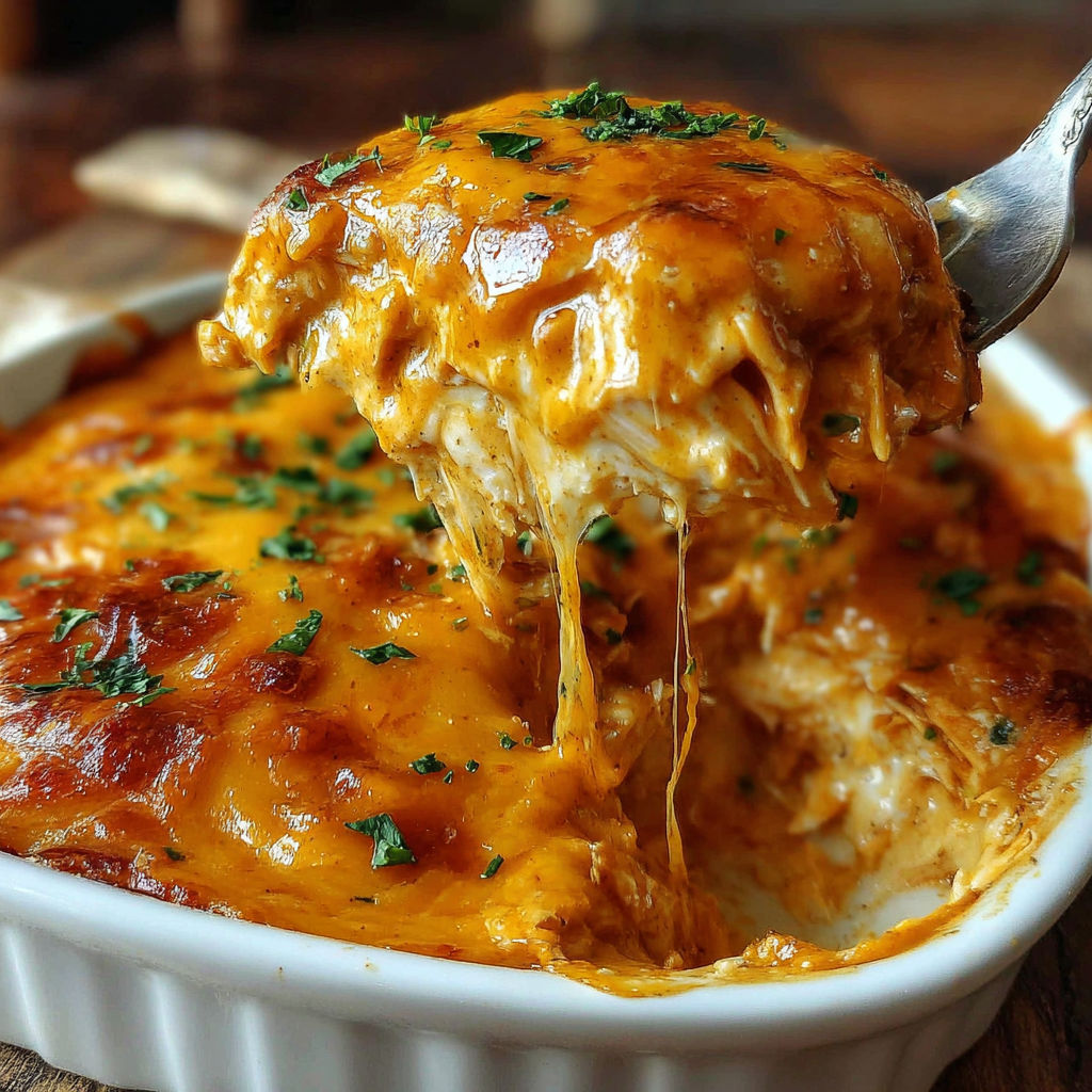 A close up of a delicious buffalo chicken bake.