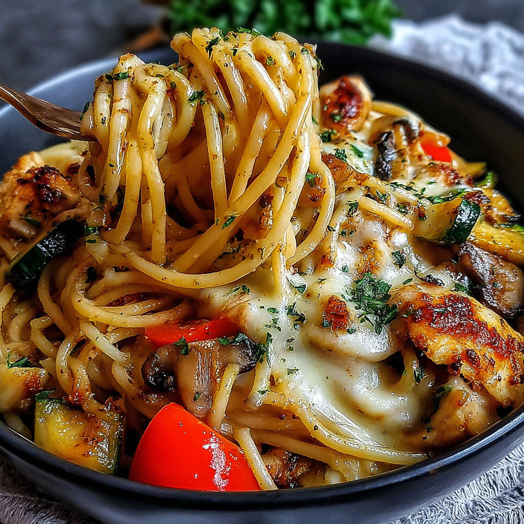 A bowl of spaghetti with chicken, mushrooms, and peppers.