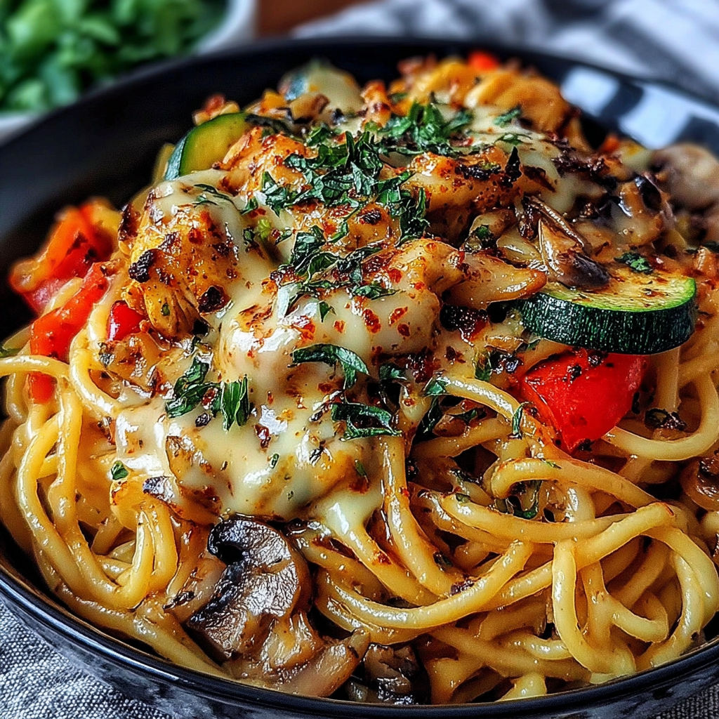 A bowl of spaghetti with mushrooms, cheese, and garlic butter.