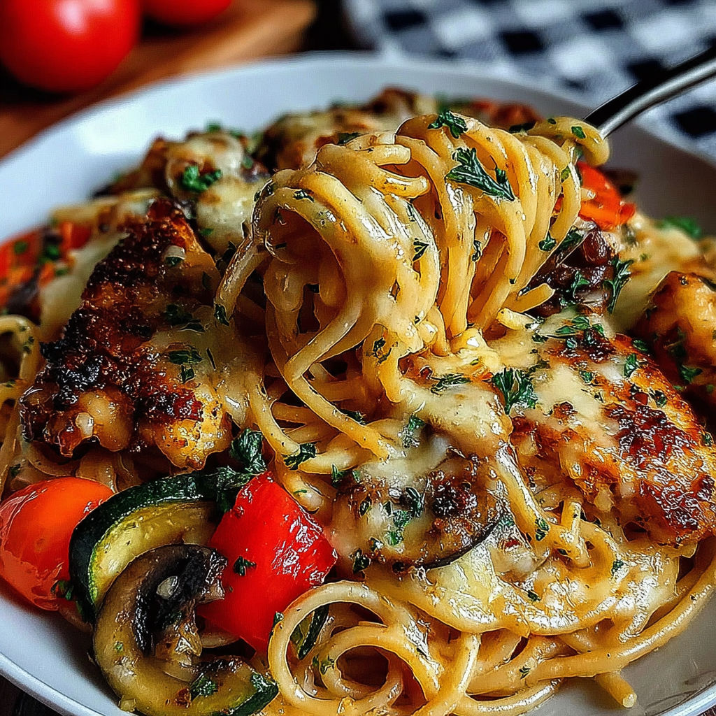 A plate of food with spaghetti, chicken, mushrooms, tomatoes, and carrots.