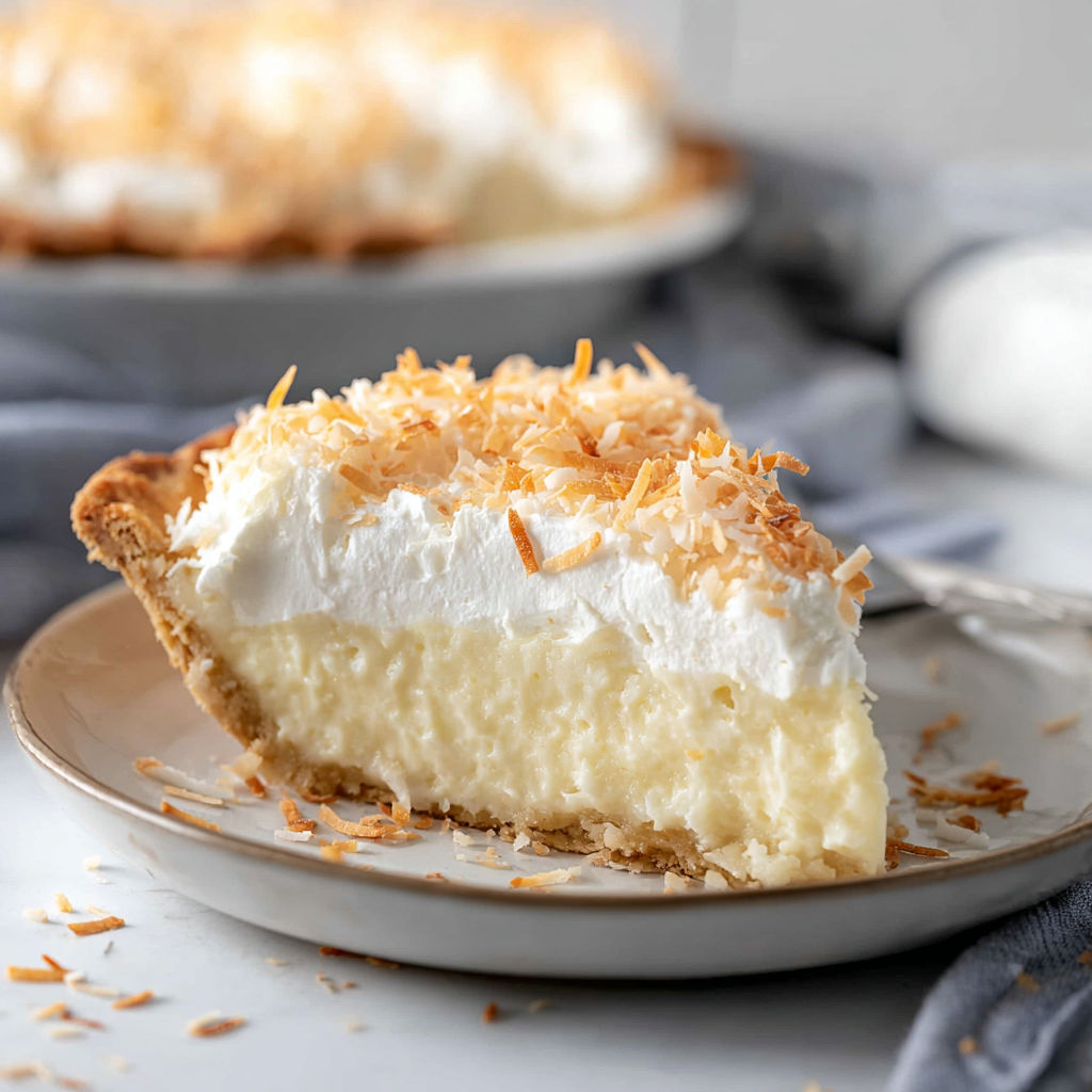 A slice of pie with coconut on top.