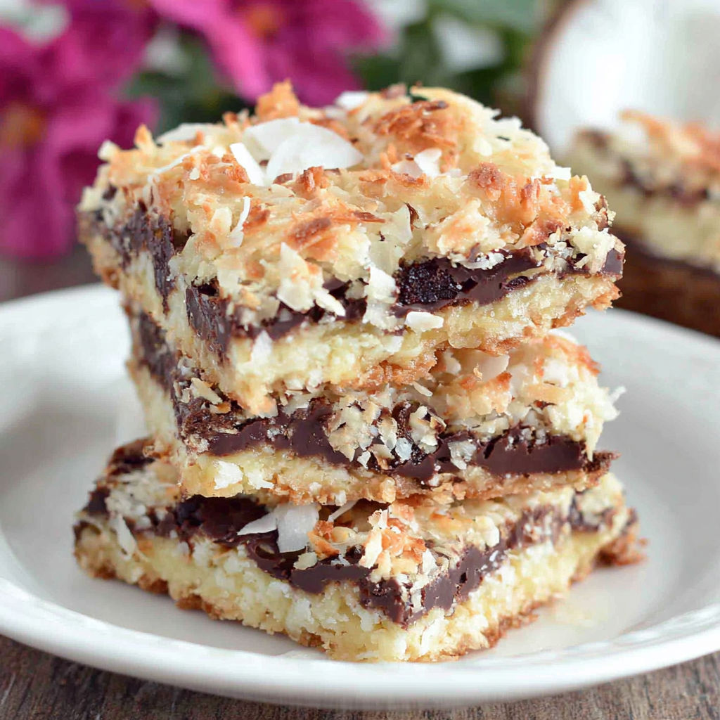 Chocolate coconut bars on a plate.