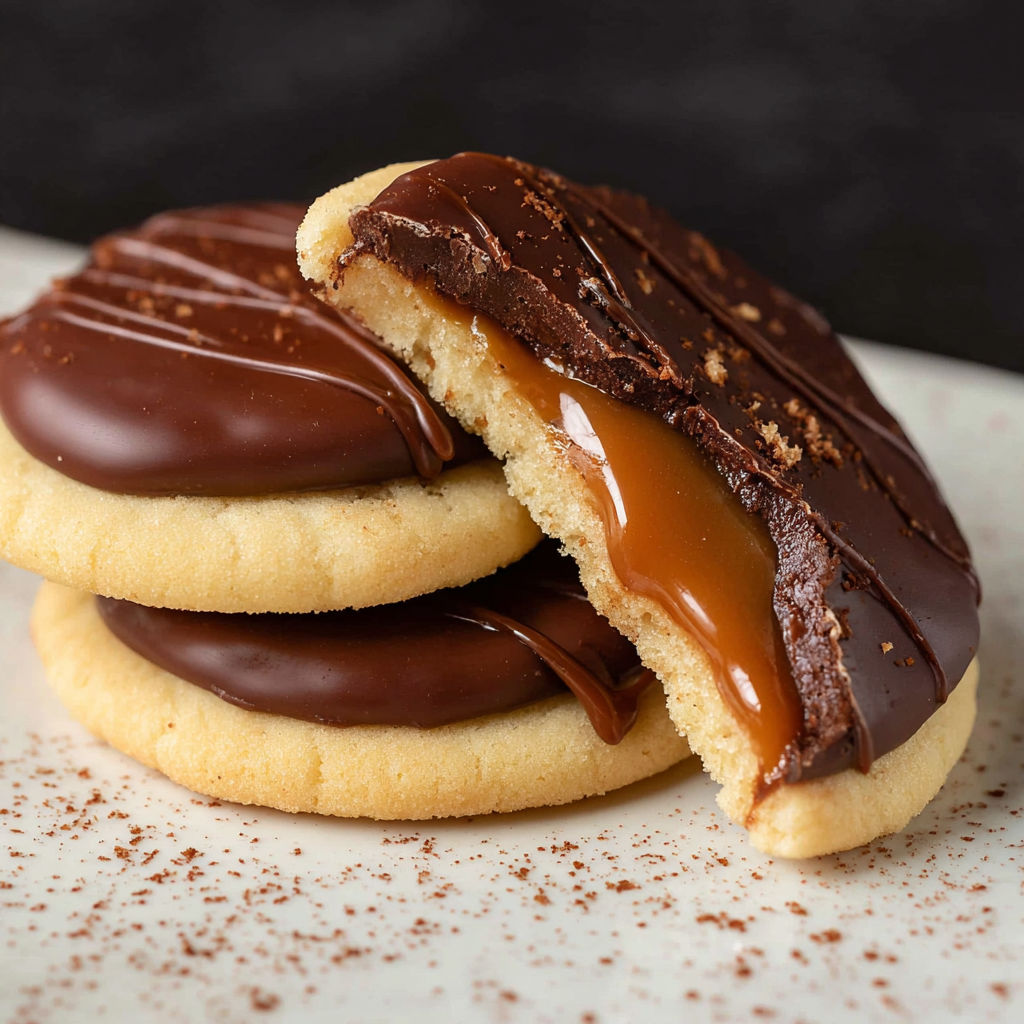 Twix cookies with chocolate and caramel sauce.