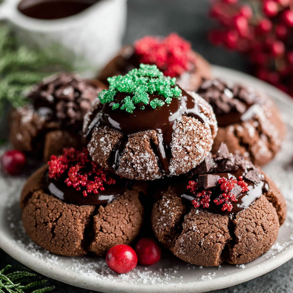 A plate of chocolate thumbprint cookies.