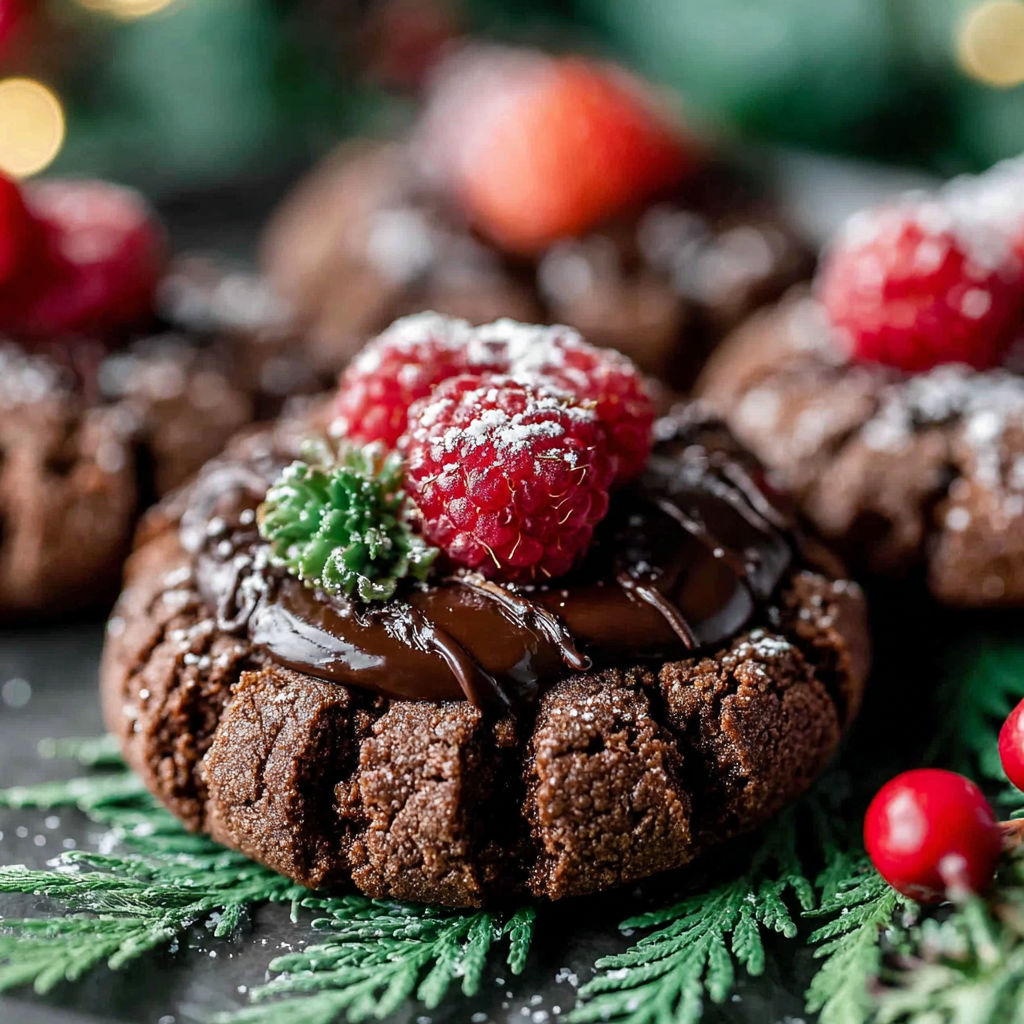 Chocolate thumbprint cookies with raspberries on top.