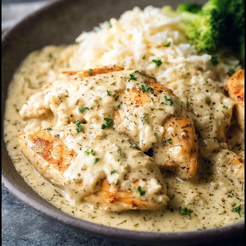 A bowl of chicken with rice and broccoli.