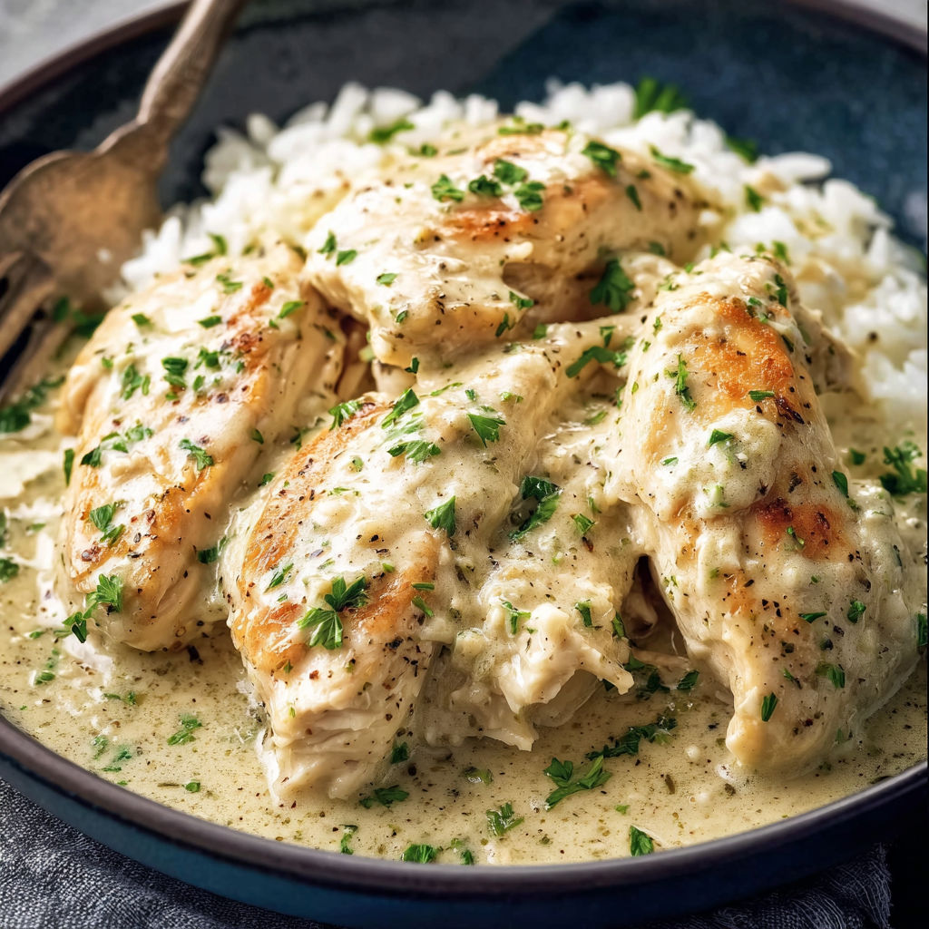A plate of chicken with rice and herbs.