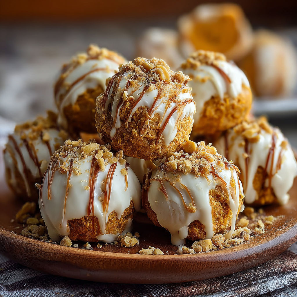 A plate of pumpkin cheesecake balls with caramel drizzle.