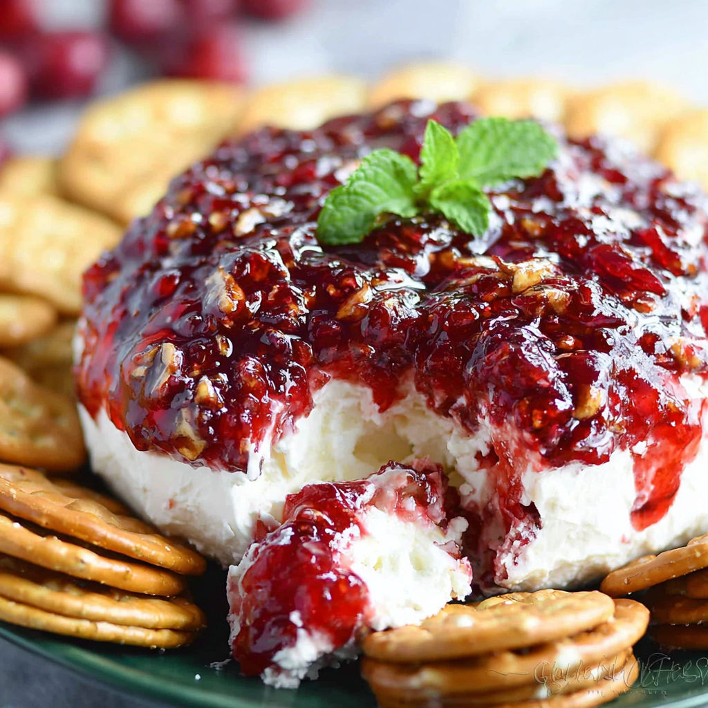 A plate of cranberry cream cheese dip with crackers.