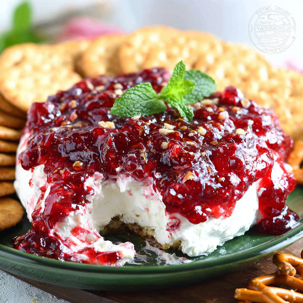 A plate of cranberry cream cheese dip.