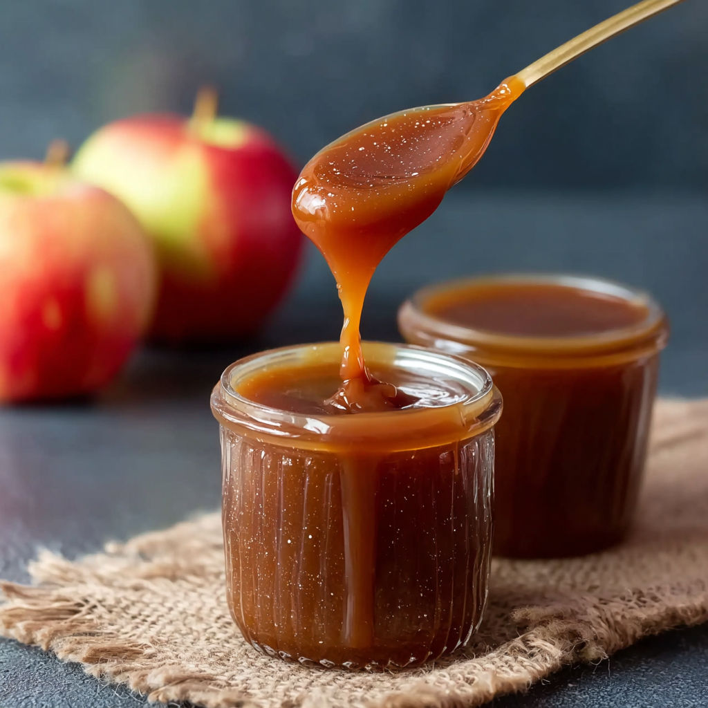 A jar of caramel sauce is being poured over an apple.