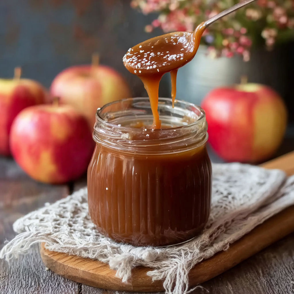 A jar of caramel sauce is being poured over apples.