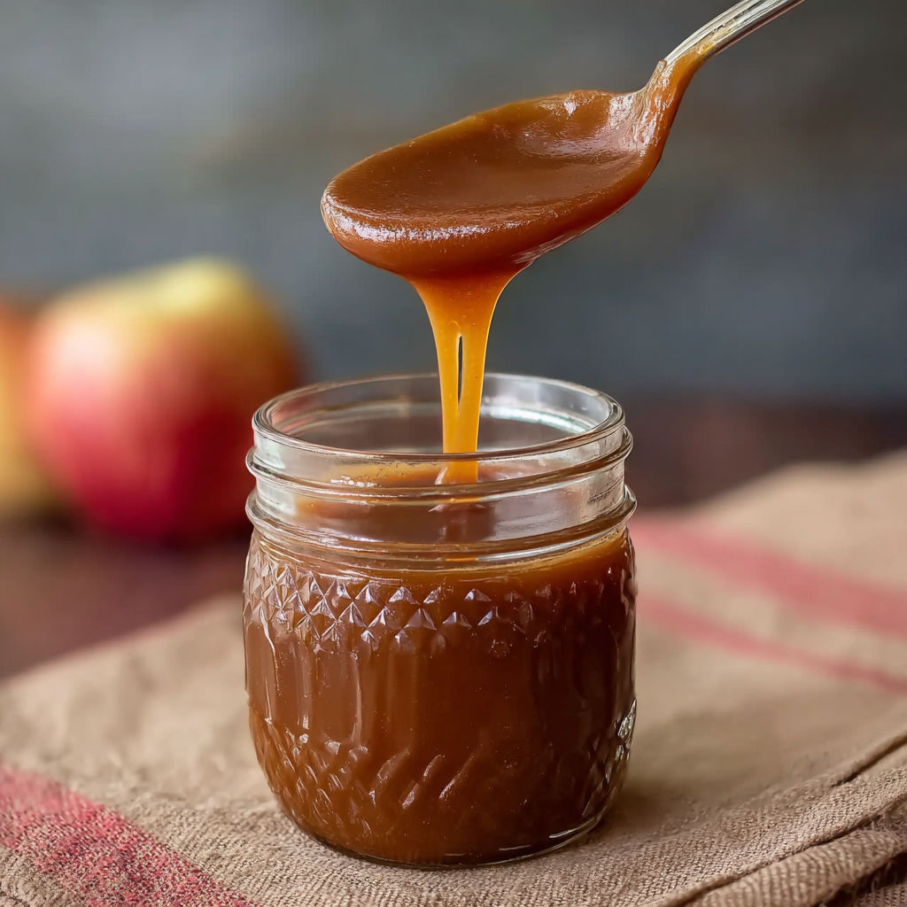 A jar of caramel sauce is being poured over an apple.