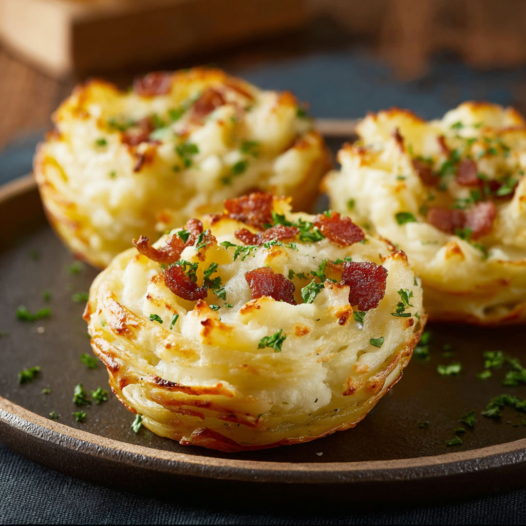 Three mashed potato nests with bacon and herbs.
