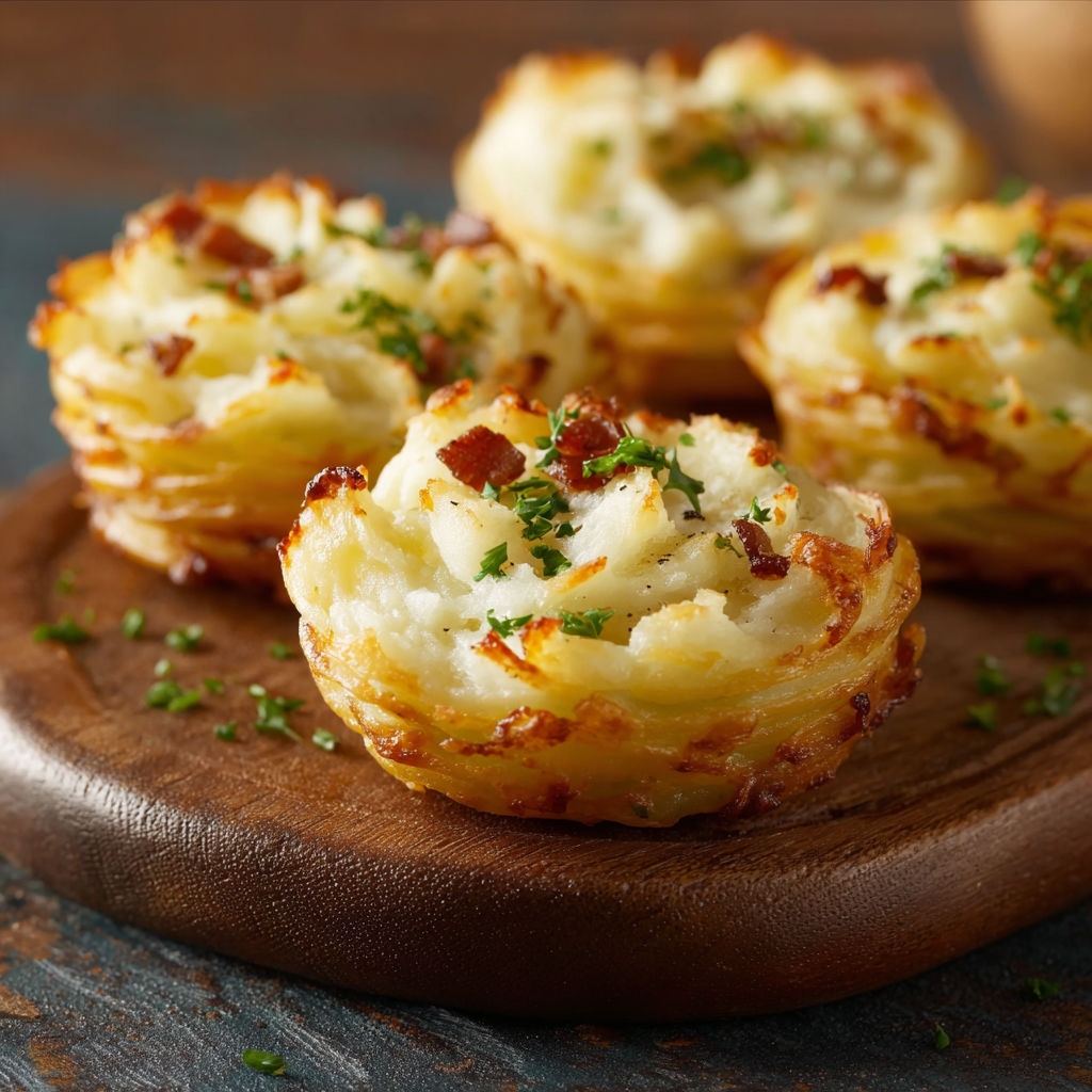 Stuffed mashed potato nests on a wooden platter.