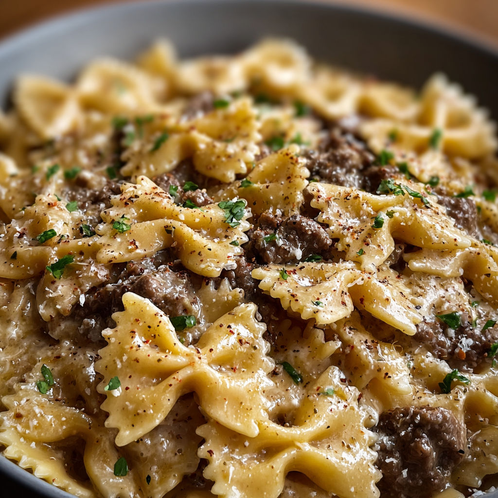 A bowl of creamy Parmesan garlic beef bowtie pasta.