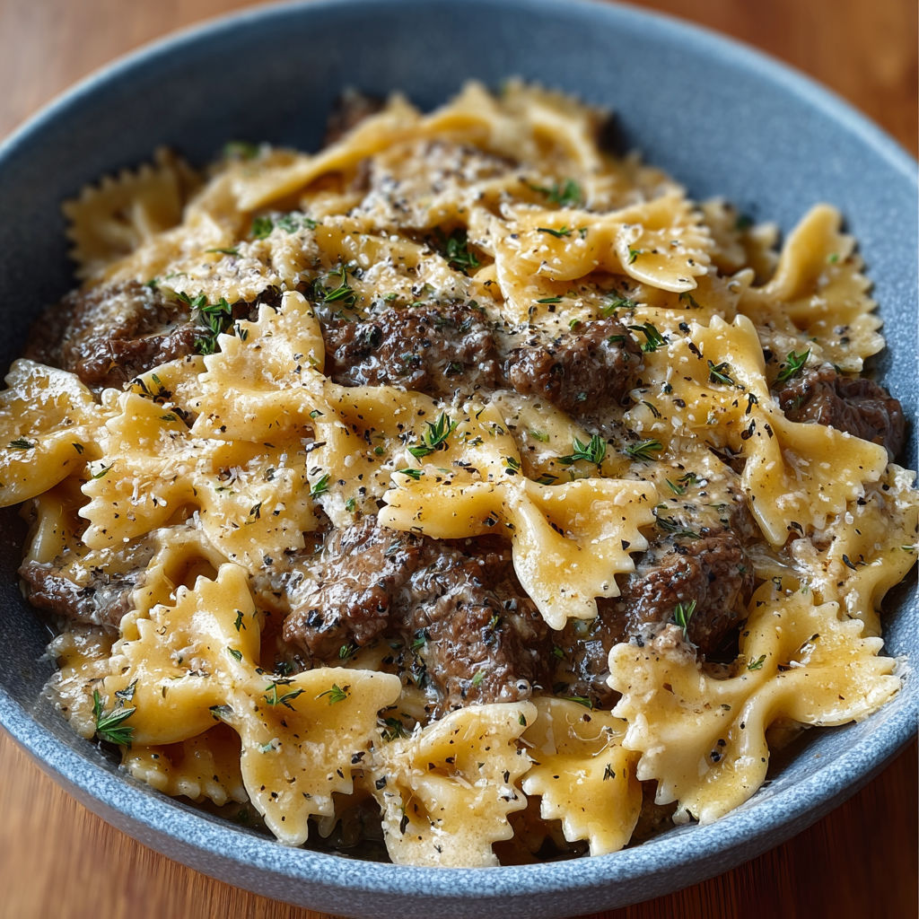 A bowl of pasta with meat and cheese.