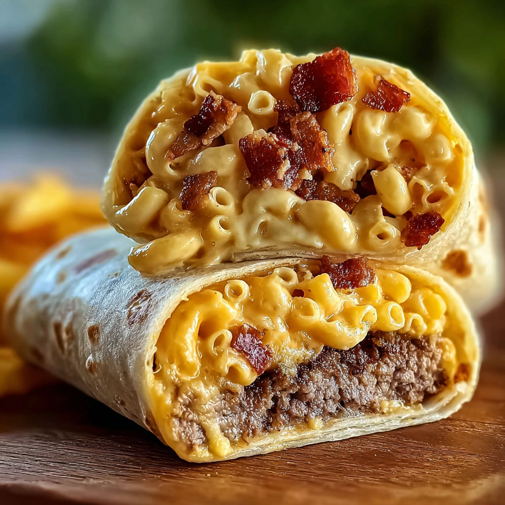 A burger wrap with mac and cheese.