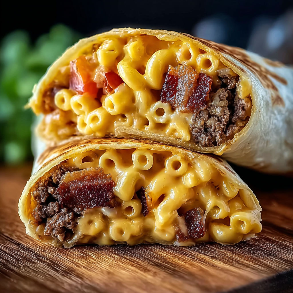 A burger wrap with mac and cheese.