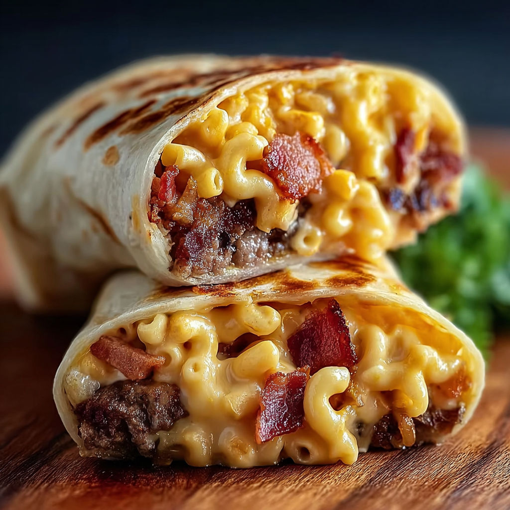 A close up of a bacon mac 'n' cheese burger wrap.