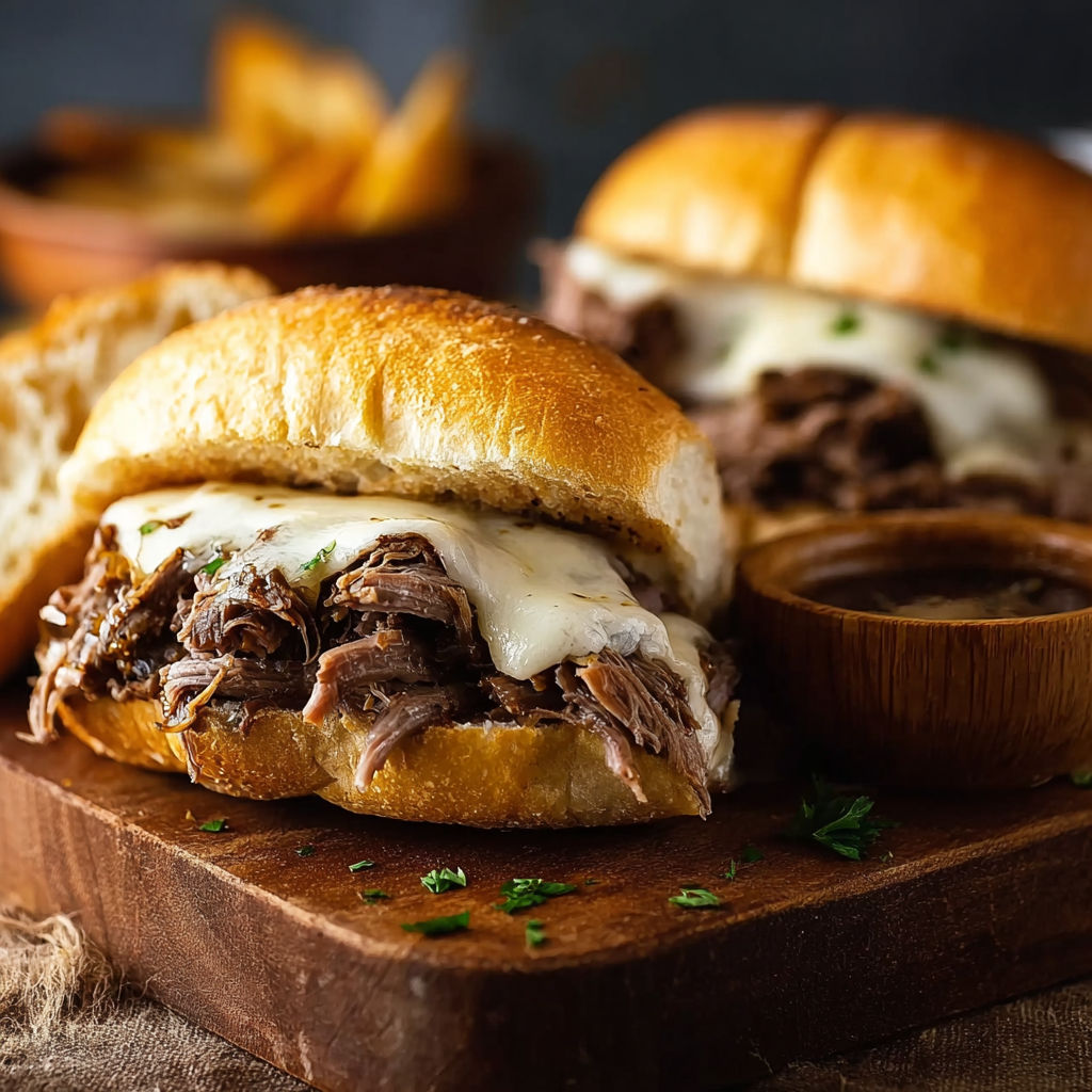 Two crock pot French dip sandwiches.