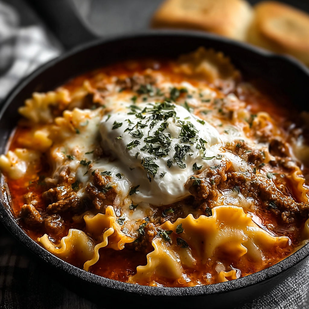 A close up of a delicious one pot lasagna soup.