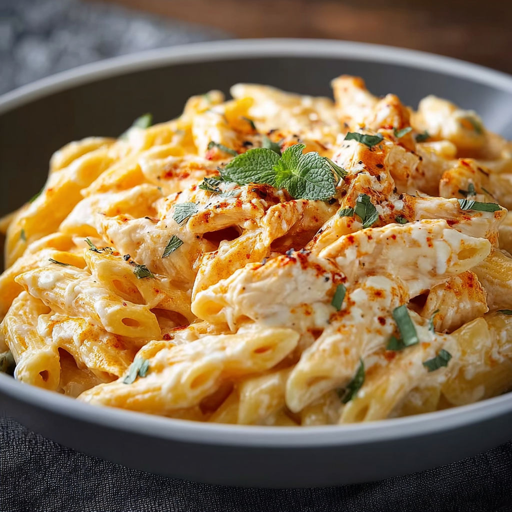 A bowl of pasta with chicken and sauce.