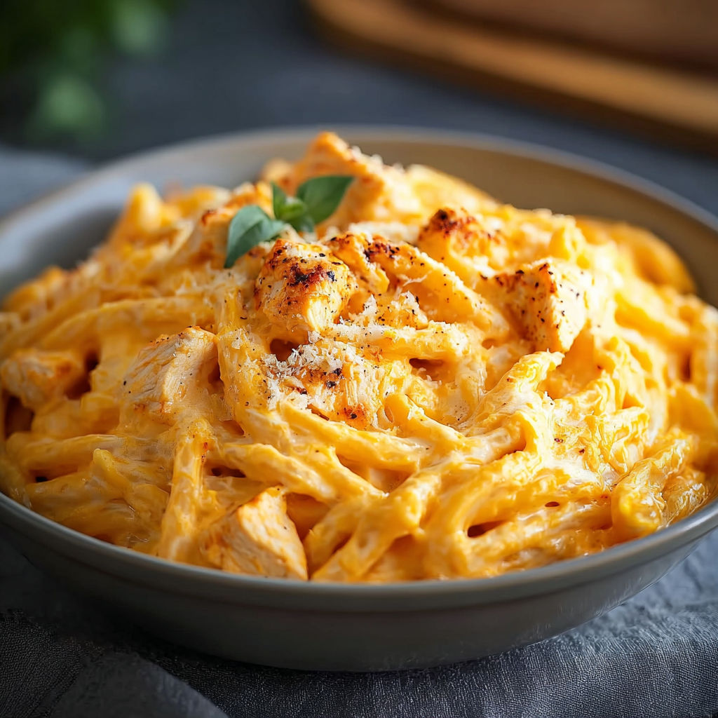 A bowl of pasta with chicken and cheese.