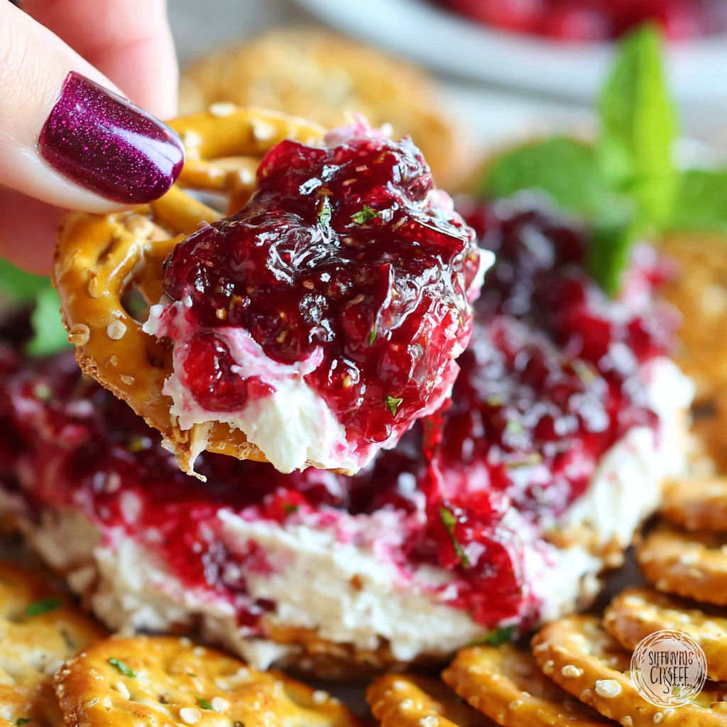 A hand holding a piece of cranberry cream cheese dip.