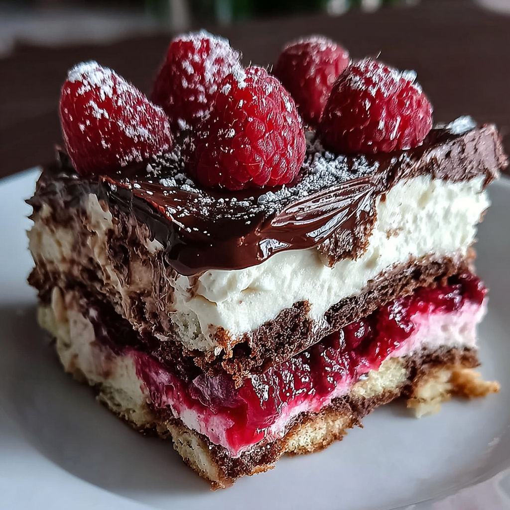 A slice of raspberry chocolate lasagna.