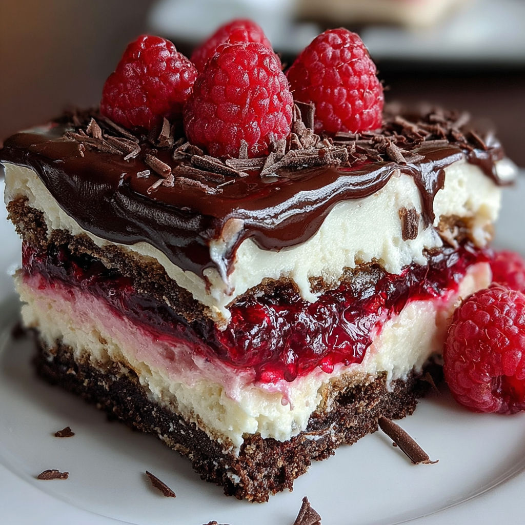 A slice of chocolate raspberry lasagna.