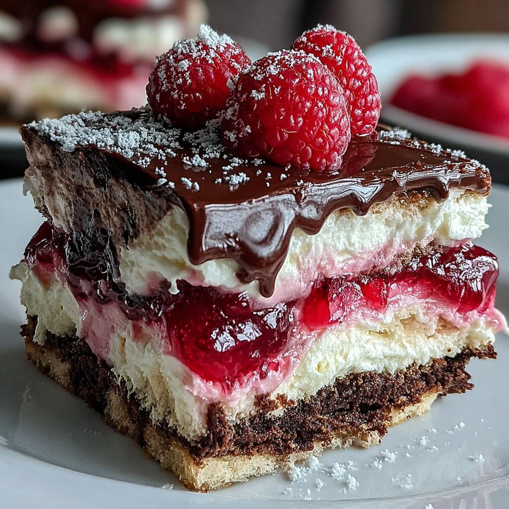 A slice of chocolate raspberry lasagna.