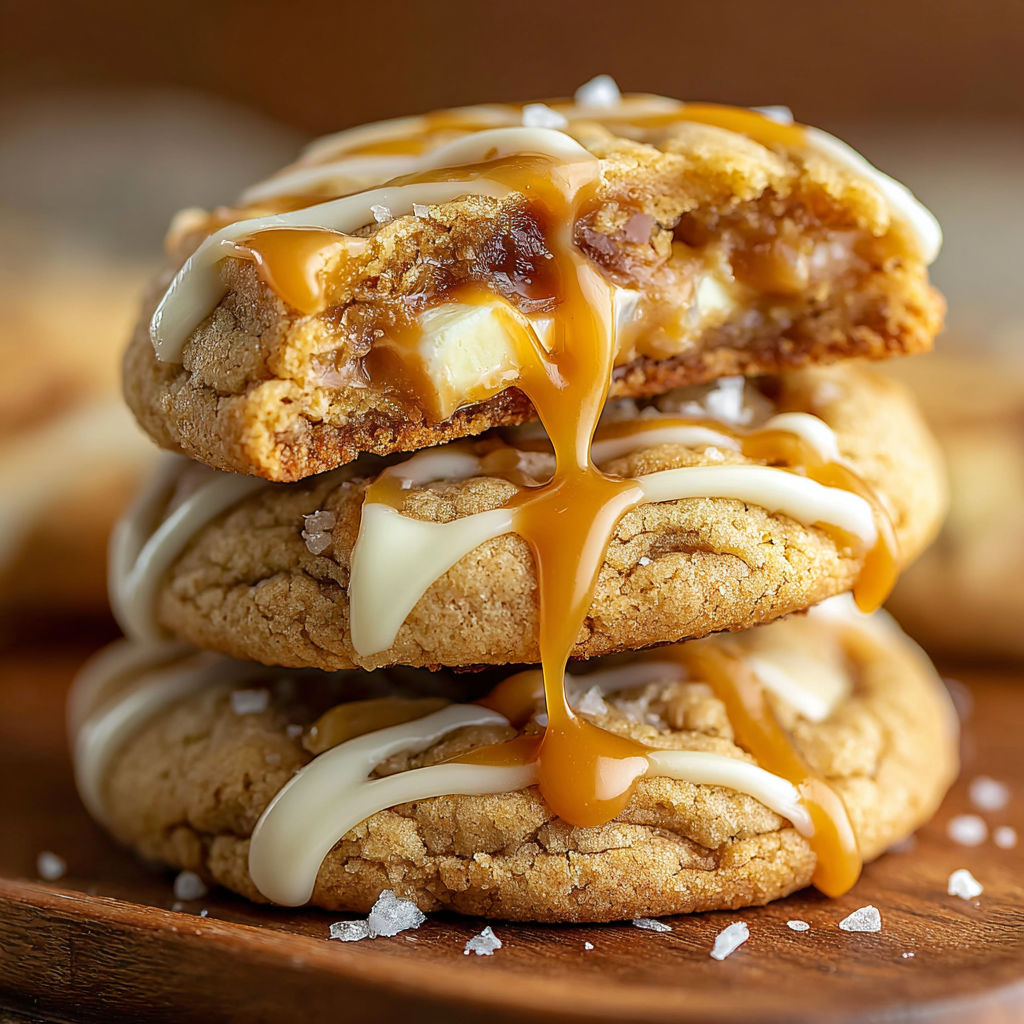 Salted caramel cookies on a wooden table.