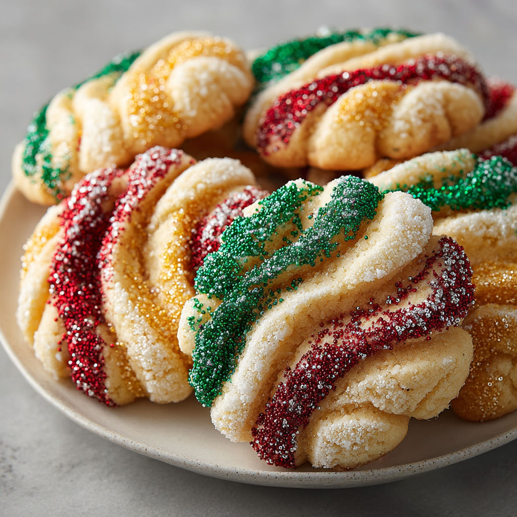 A plate of twisted cookies with red, green, yellow and white sprinkles.