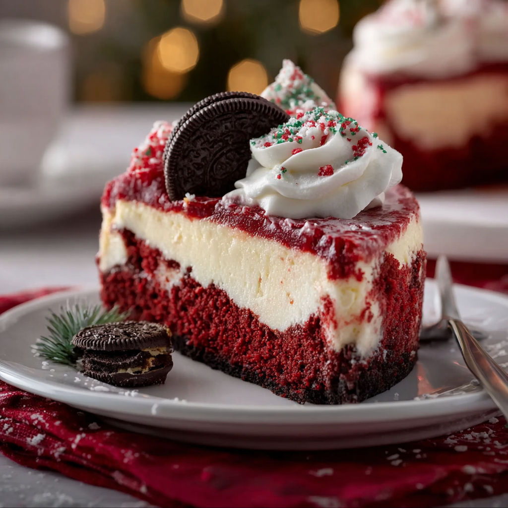 A slice of red velvet cheesecake with white whipped cream and a chocolate chip on top.