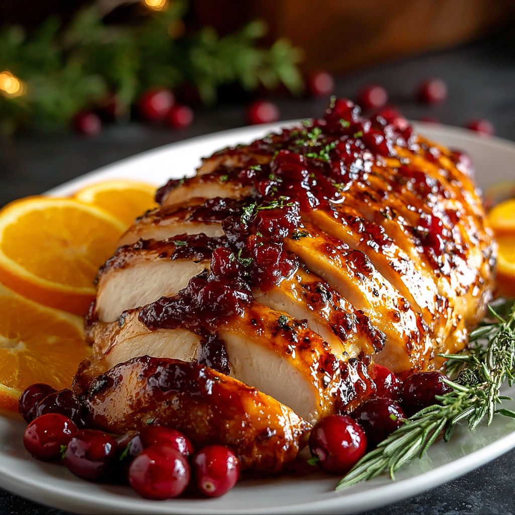 A plate of food with a turkey breast and cranberries.