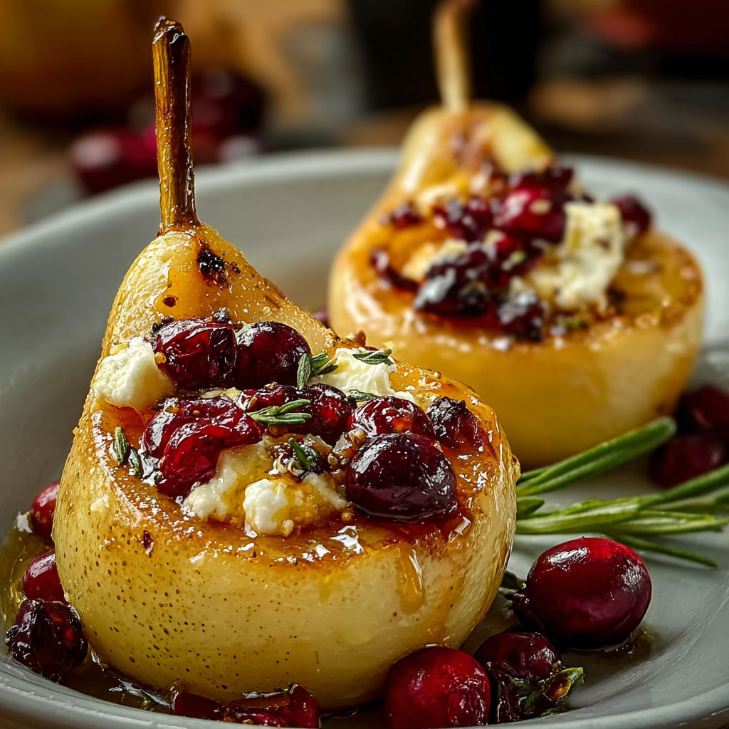 Two roasted pears with cheese and cranberries.
