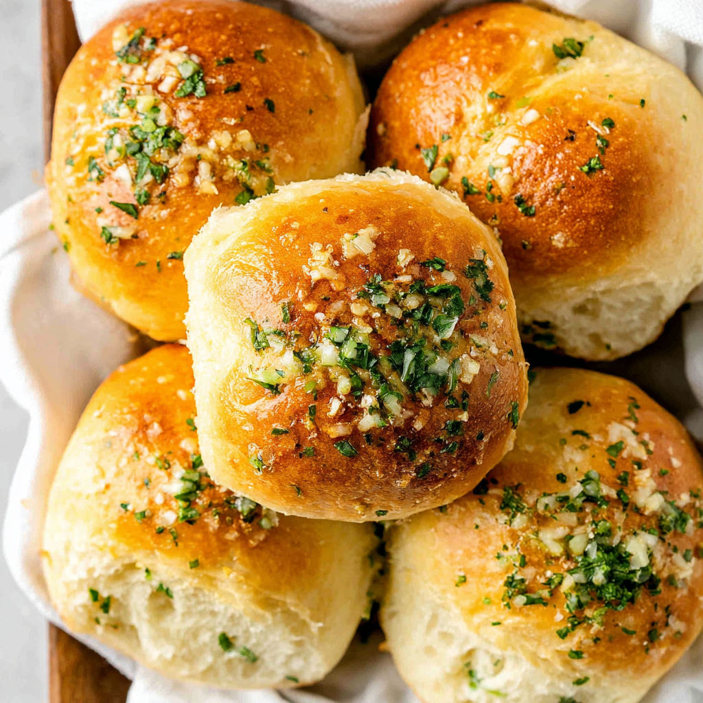 A basket of garlic bread rolls.